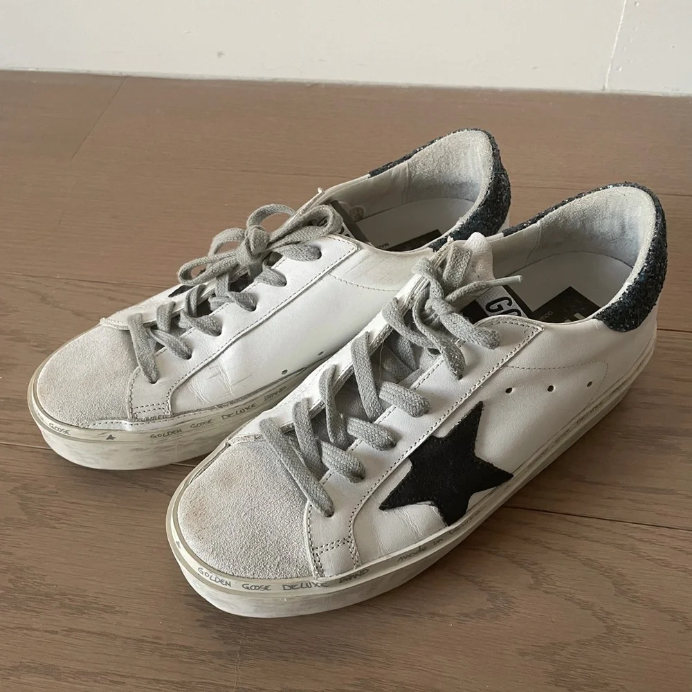 Golden Goose Hi Star Leather Sneakers White Black Star Blue Glitter